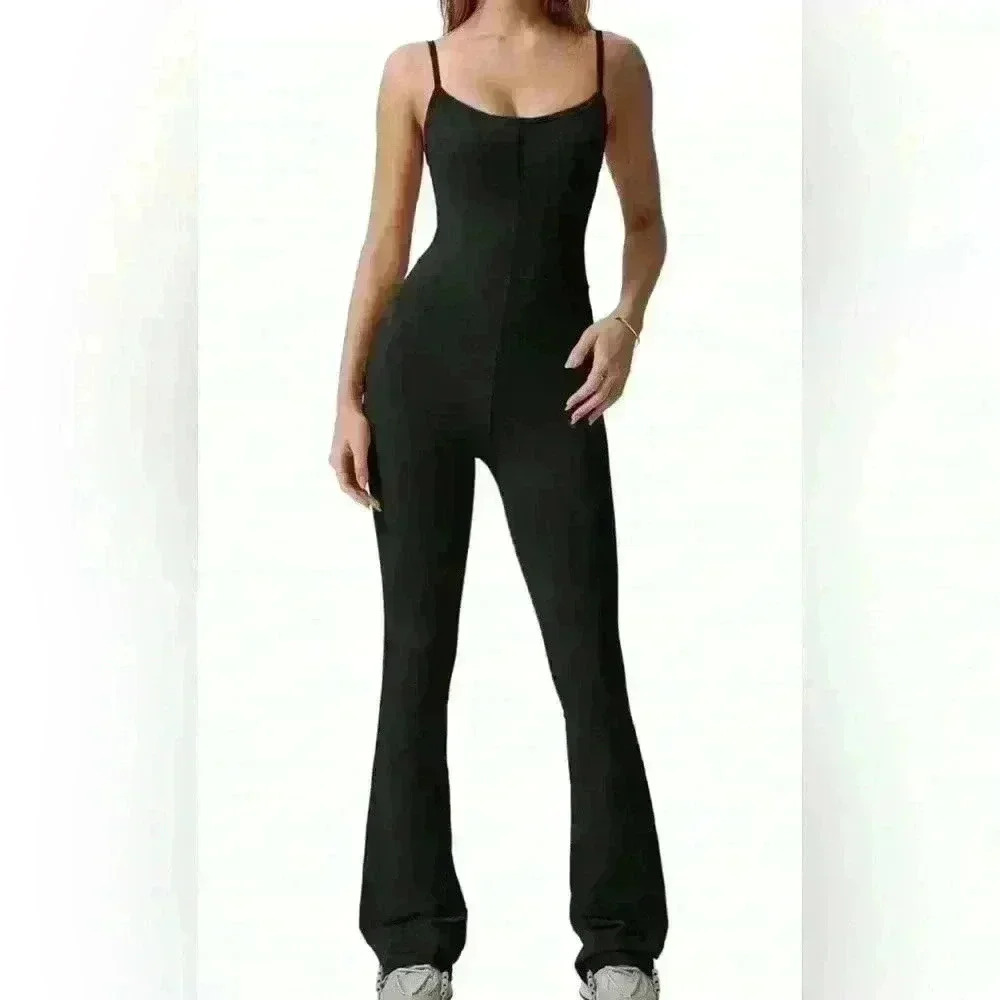 NWT Qinsen Jumpsuit Women's Black Flare Leg Bodysuit Active Trendy Easy Wear